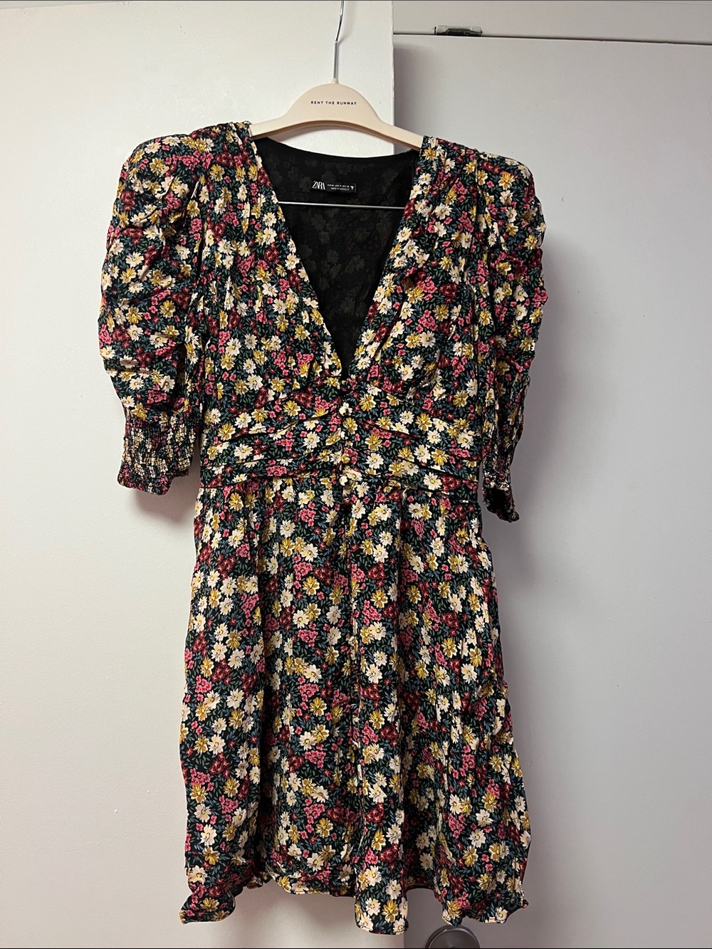Zara Black Floral V-Neck Mini Dress with Pink & Cream Flowers